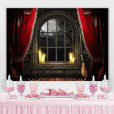 Lofaris Spooky Night Window Red Curtain Halloween Theme Backdrop